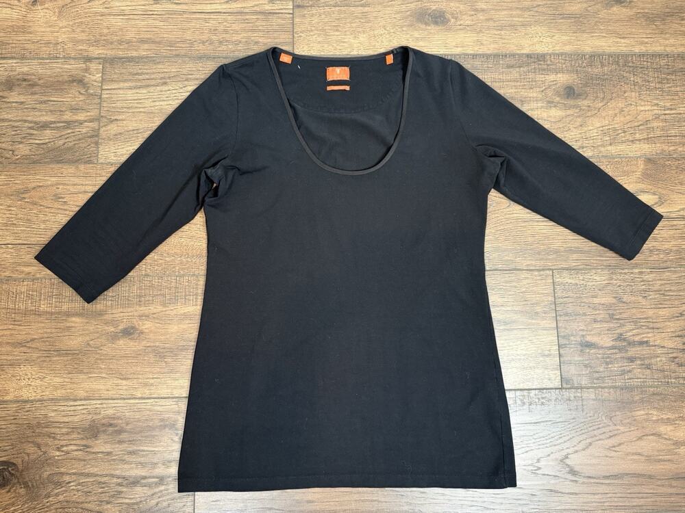 Left Coast Tee Shirt Top Trim Fitted Black Prima Cotton Women’s Sz 5 Scoop Neck